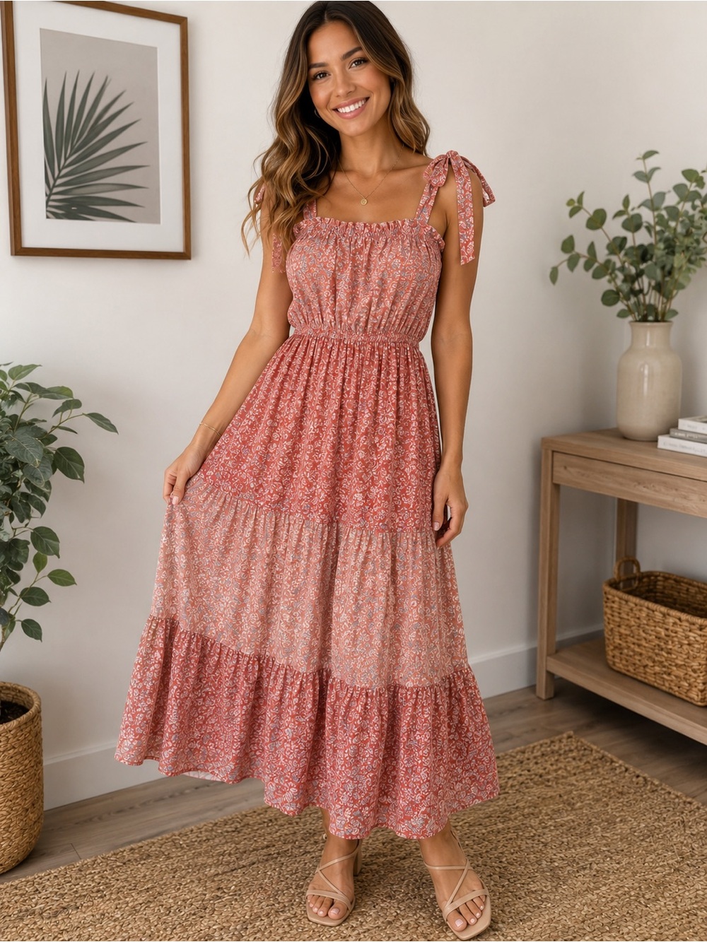 Sincerely Womens Jules Pink Floral Tiered Maxi Dress Size Medium